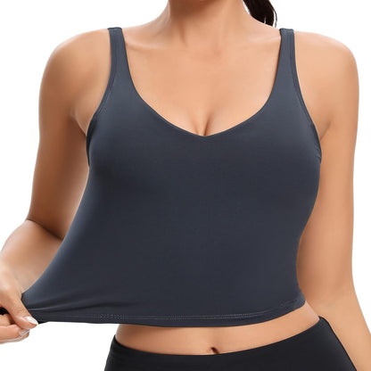 Women U Back Yoga Bra Padded Longline Workout Crop Top Naked Feeling Camisole Fitness Vest Medium Support