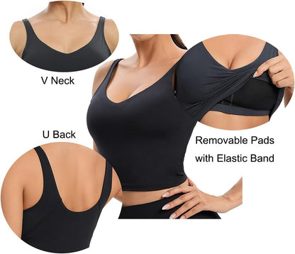 Women U Back Yoga Bra Padded Longline Workout Crop Top Naked Feeling Camisole Fitness Vest Medium Support