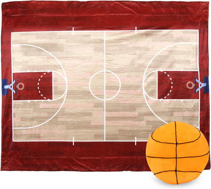 Sports Field Game Microplush Reversible Sherpa Interactive Throw & Pillow Gift Set (Basketball)