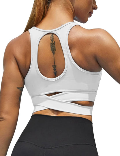 Womens High Neck Sports Bra Longline Workout Crop Tops Criss Cross Tank Top with Built in Bra