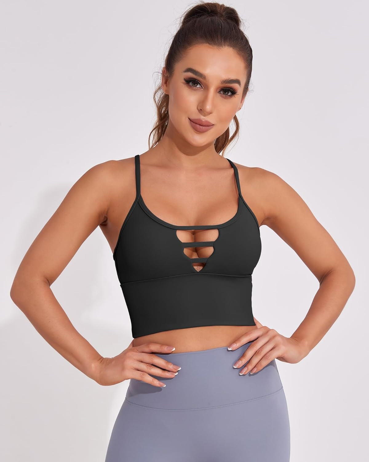 Longline Sport Bra for Women Camisole Workout Yoga Crop Top Strappy Padded Fitness Tank Shirts