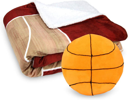 Sports Field Game Microplush Reversible Sherpa Interactive Throw & Pillow Gift Set (Basketball)