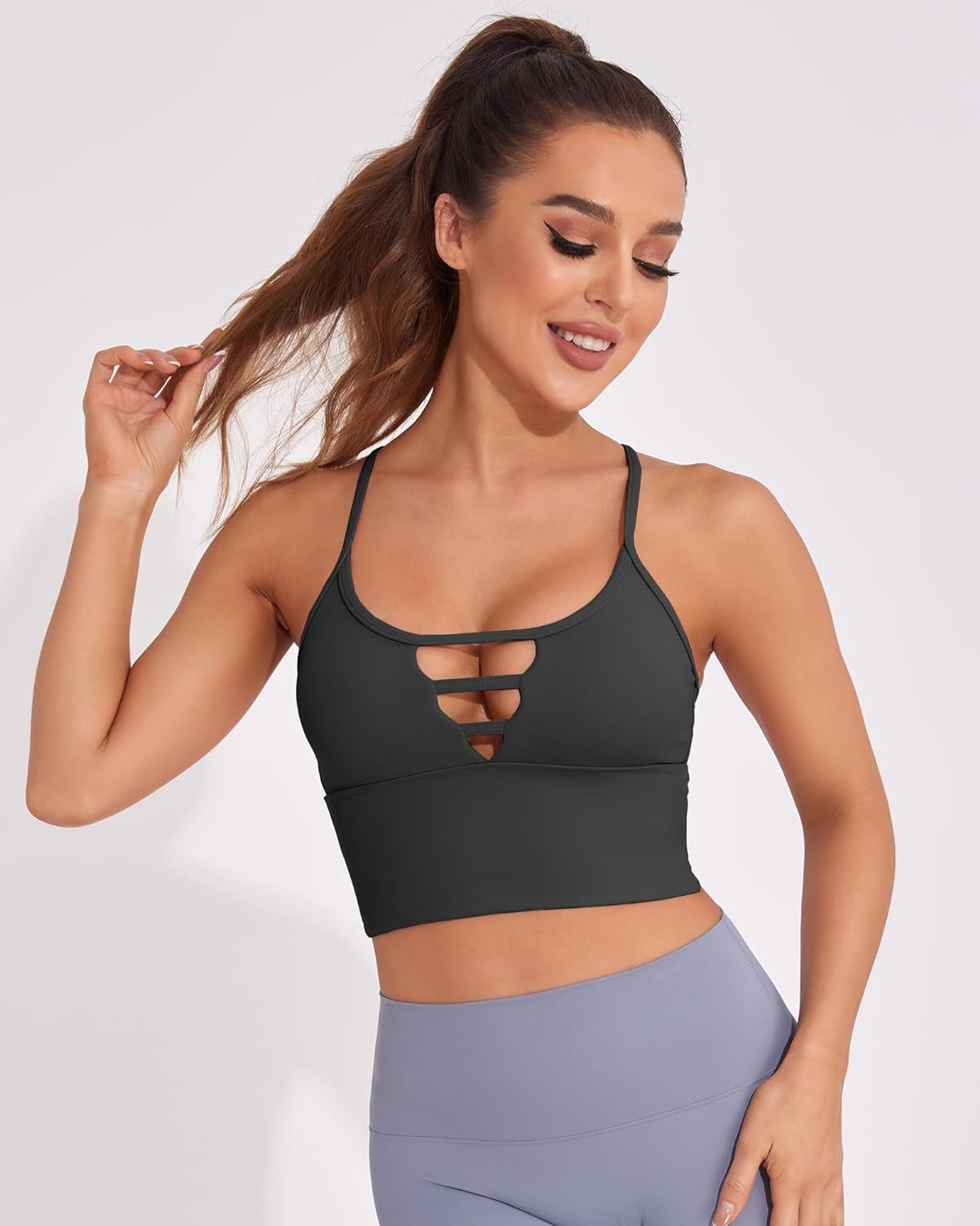 Longline Sport Bra for Women Camisole Workout Yoga Crop Top Strappy Padded Fitness Tank Shirts